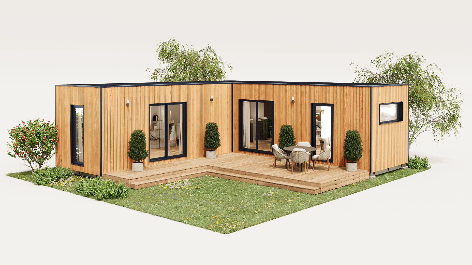 Twin XL 48m² finition loisirs bardage sun chêne clair